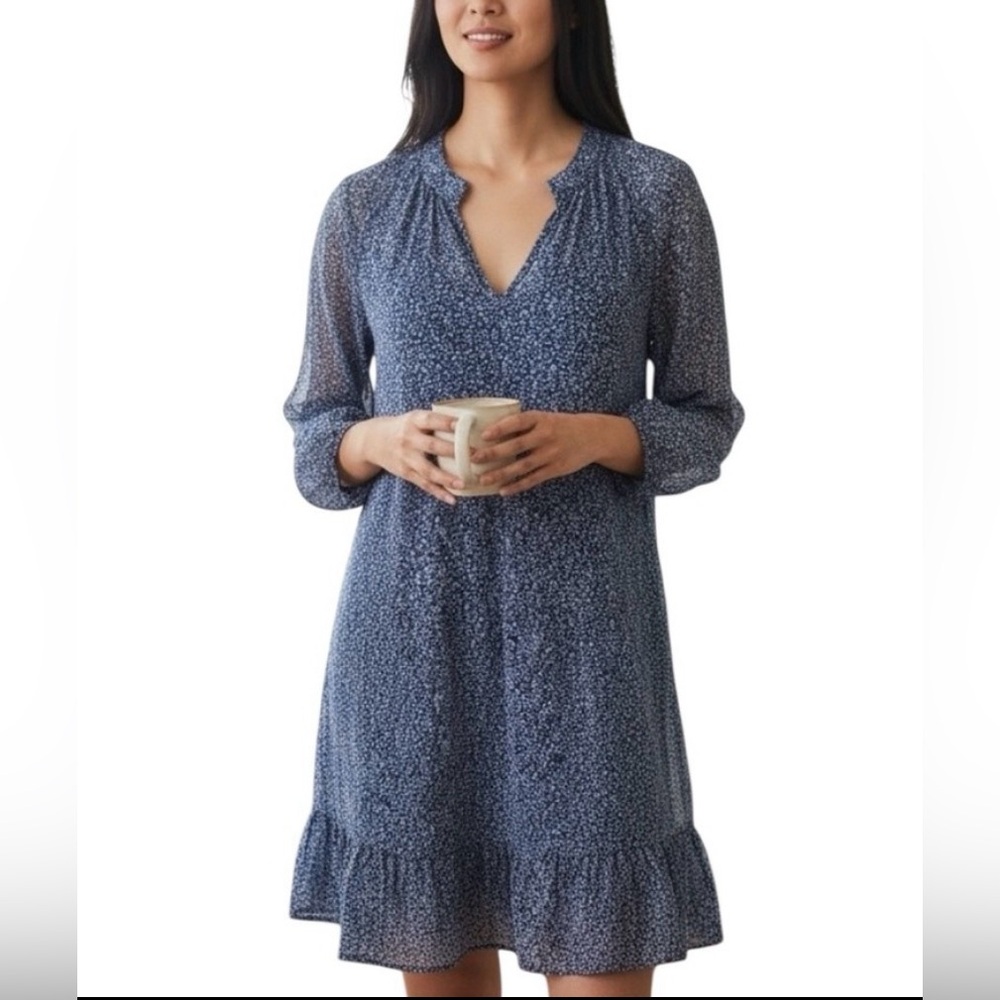 Banana Republic Dress abstract semi-sheer blue/white with slip, flowy, size XS
